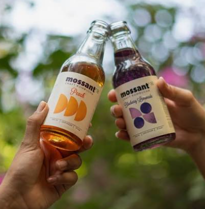 Two Mossant kombucha bottles, peach and blueberry lemonade, raised in a toast